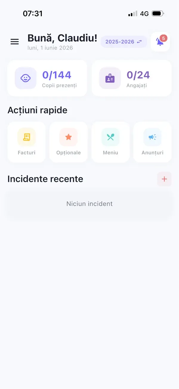 Tabloul de bord Baby Genius, cu prezențe și acțiuni de administrare